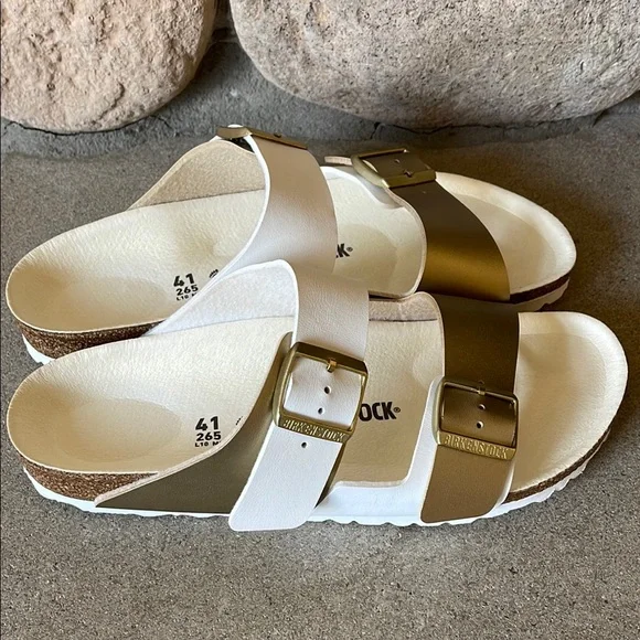 Birkenstock Arizona Split White and Gold Sandals Sz 10 M, 41 - Picture 12 of 13